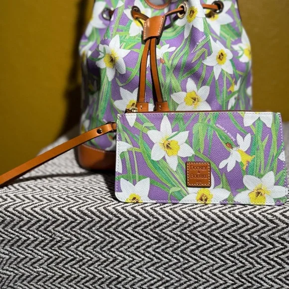 Dooney & Bourke Botanical Daffodil Drawstring Bucket Bag & Wristlet Set - Purple - Picture 10 of 16